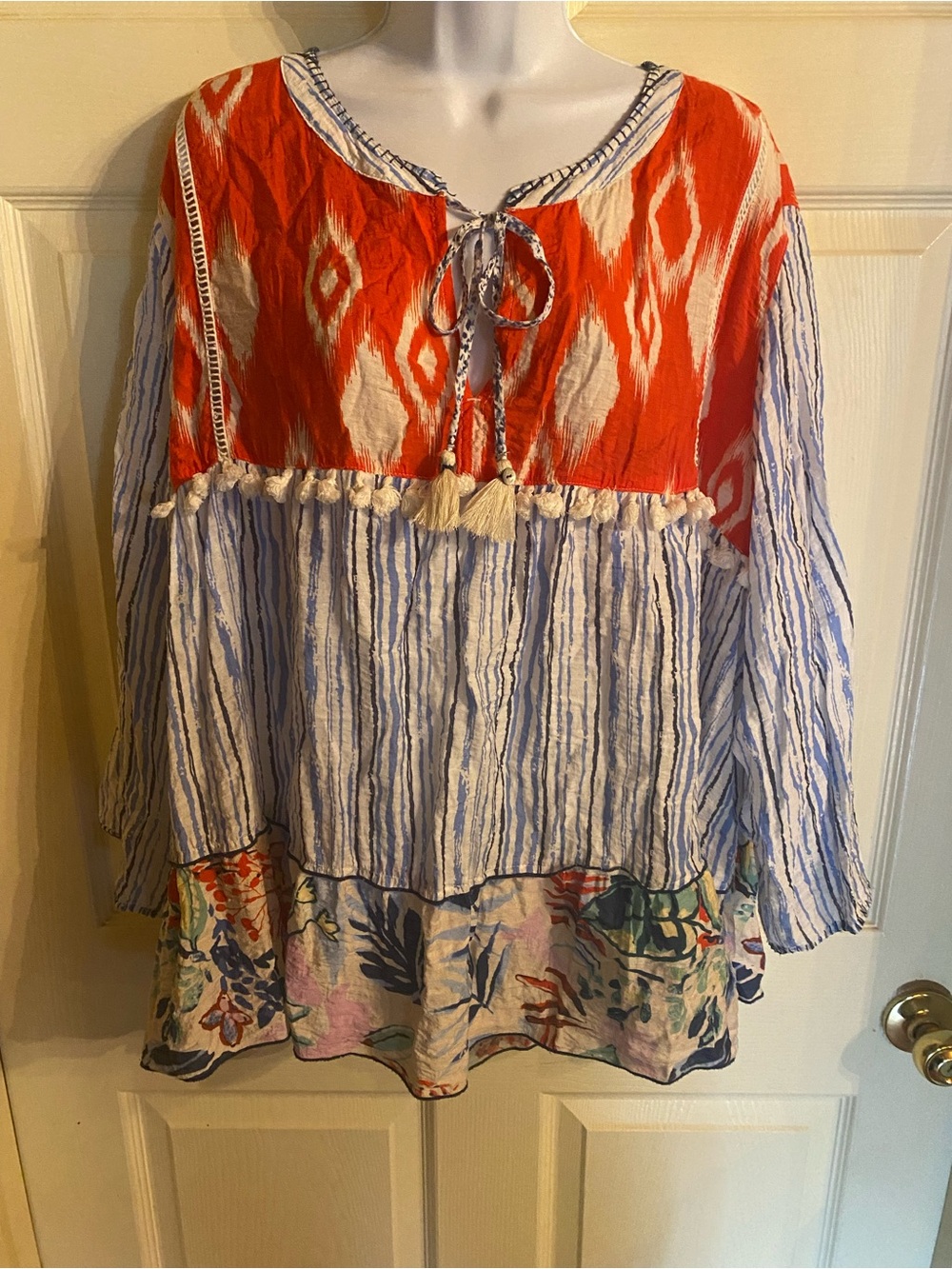 John Mark Red & Blue Boho Tie-Front Tunic
